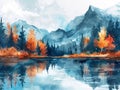 Autumn landscape with mountains, lake and forest. Watercolor painting. Generative AI Royalty Free Stock Photo