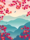 Autumn Landscape with Mountains and Red Japanese maple branches