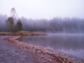 Autumn landscape in the mountains with trees reflecting in the water at St. Ana`s lake, Romania Royalty Free Stock Photo