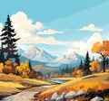 Autumn landscape with moutain cloud and blue sky with forest yellow foliage,illustration cartoon Fall season with banner Royalty Free Stock Photo