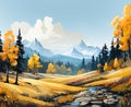 Autumn landscape with moutain cloud and blue sky with forest yellow foliage,illustration cartoon Fall season with banner Royalty Free Stock Photo