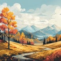 Autumn landscape with moutain cloud and blue sky with forest yellow foliage,illustration cartoon Fall season with banner Royalty Free Stock Photo