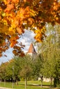 Autumn landscape with multicolored trees and city wall with tower in Berching, Bavaria Royalty Free Stock Photo