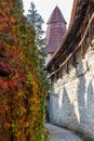 Autumn landscape with multicolored trees and city wall with tower in Berching, Bavaria Royalty Free Stock Photo