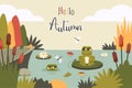 Autumn landscape. Nature background with frogs, foliage, reed, rocks, lotus, flying insects, wildlife. Cute toads siiting on leaf Royalty Free Stock Photo