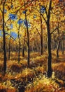 Autumn landscape oil painting - gold orange autumn trees in sunny park alley. Royalty Free Stock Photo