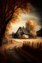 Autumn Landscape With Old Wooden House, Trees And Dirt Road.