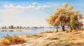 Autumn Landscape Painting: Hill, River, And Rural Life Scenes