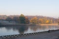 River in the autumn park. Morning in a foggy park. Royalty Free Stock Photo