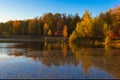 Autumn landscape in park with lake and blue sky