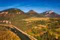 Autumn landscape of the Pieniny Mountains with the Three Crowns  peak. Poland Royalty Free Stock Photo