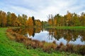 Autumn landscape with pond and trees reflected in formal Alexander Park of Tsarskoye Selo Royalty Free Stock Photo