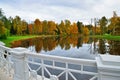 Autumn landscape with pond and white railing Large Lamsky bridge Royalty Free Stock Photo
