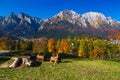 Autumn landscape and Prahova valley with Bucegi mountains, Carpathians, Romania Royalty Free Stock Photo