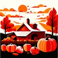 Autumn landscape with pumpkins and red barn. Vector illustration. AI generated Royalty Free Stock Photo