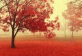 Autumn landscape. Red autumn tree in the park. Foggy autumn morning. Magical fairy red tree.