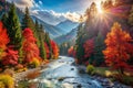 Autumn Landscape with Red Leaves and River in Mountains Royalty Free Stock Photo