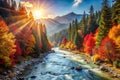 Autumn Landscape with Red Leaves and River in Mountains Royalty Free Stock Photo
