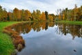 Autumn landscape with reflection of trees in Lamsky pond in the Royalty Free Stock Photo