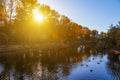 Autumn landscape with a river. Beautiful autumnal scene, fall