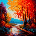 Autumn landscape with river and colorful trees. Oil painting on canvas. Royalty Free Stock Photo