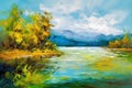 Autumn landscape with river and mountains. Digital painting. Vector illustration. Royalty Free Stock Photo