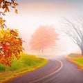 Autumn landscape with road and colorful trees, foggy morning. Generative AI Generative AI