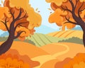 Autumn landscape, road among fields and trees. Illustration, clip art vector Royalty Free Stock Photo