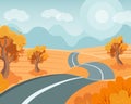 Autumn landscape, a road among fields and trees, stretching into the distance. Illustration, clip-art vector Royalty Free Stock Photo