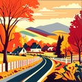 Autumn landscape with road, houses and trees. Illustration in vector format Generative AI