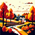 Autumn landscape with road, houses and trees. Vector illustration. AI generated