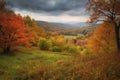 autumn landscape with rolling hills, colorful foliage, and peaceful solitude