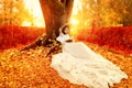 Autumn Landscape. Romantic Victorian Style Woman reading Book in Park with Orange Maple Leaves. Colorful Fall Season Bright Royalty Free Stock Photo