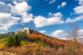 Autumn landscape with ruin of medieval castle Lietava. Royalty Free Stock Photo
