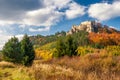 Autumn landscape with ruin of medieval castle Lietava. Royalty Free Stock Photo