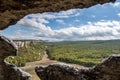 Autumn landscape ruined ancient walls on a hill against the blue sky in Crimea