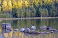 Autumn landscape. Saint Ana lake in Romania, the only volcanic lake in Europe, formed in a crater of a dead volcano Royalty Free Stock Photo