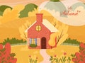 Autumn landscape scene with farm cottage house. Royalty Free Stock Photo