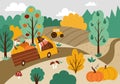 Autumn landscape scene with fields, harvest, nature, turkey driving truck. Comic Thanksgiving card with cute bird, pumpkins. Royalty Free Stock Photo