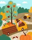 Autumn landscape scene with fields, harvest, nature, turkey driving truck. Comic Thanksgiving card with cute bird, pumpkins. Royalty Free Stock Photo