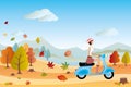 Autumn landscape and scooter woman