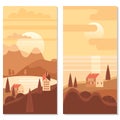 Autumn landscape sea ocean buildings, hills and trees mountains lake sun in trendy minimal geometric flat style. Vector, isolated