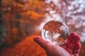 Autumn landscape seen through a lensball, during rain in the woods Royalty Free Stock Photo