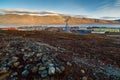 Autumn landscape with the small Arctic port town of Egvekinot. Royalty Free Stock Photo