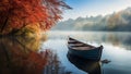 Autumn landscape with small wooden boat by the river bank. Generated AI