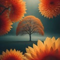 Autumn landscape with sunflowers and a tree in the fog. generative ai