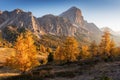 Autumn landscape on a sunny day in the Italian Dolomites. View of Tofana di Rozes. Dolomites. Cortina d`Ampezzo, Veneto. Italy