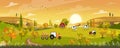 Autumn landscape with sunrise view on harvested field with farmhouse,tractor, wood barn,cows and straw bales in the countryside,
