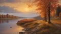 Autumn landscape at sunset, river and fog