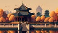 Autumn landscape with traditional China pavilion. Vector illustration in retro style